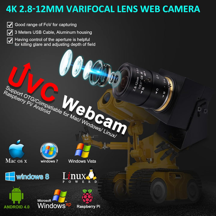 ELP 4K USB Kamera Weitwinkel 2.8-12mm Varifocal Zoom Objektiv Webcam Ultra HD 2160P 30FPS Webcam,Plu