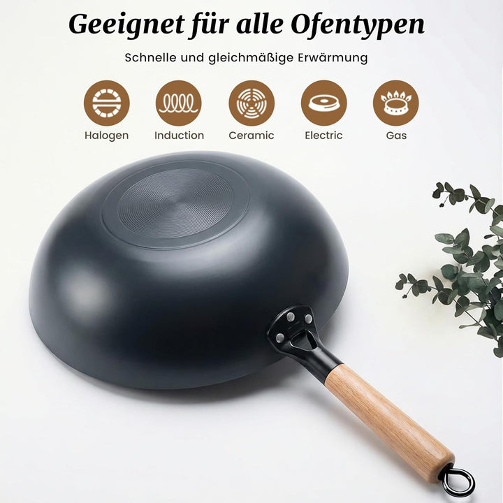 32cm Bratpfanne Wok mit Deckel Eisenpfanne: Massivholzgriff Induktionsgeeignet Geschmiedet Eisenpfan