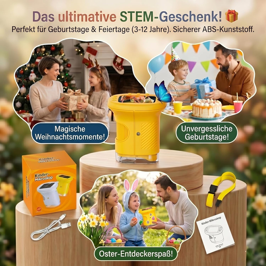 Mikroskop für Kinder, 1000X 4K Tragbares Digitales Mikroskop mit 2,4″ IPS-Display & 8 LED, USB-aufla