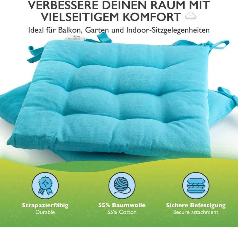 etérea Sitzkissen Stuhl 40x40 2er Set innen - Stuhlkissen Türkis - Sitzauflage Stuhl, Gartenstuhl, I