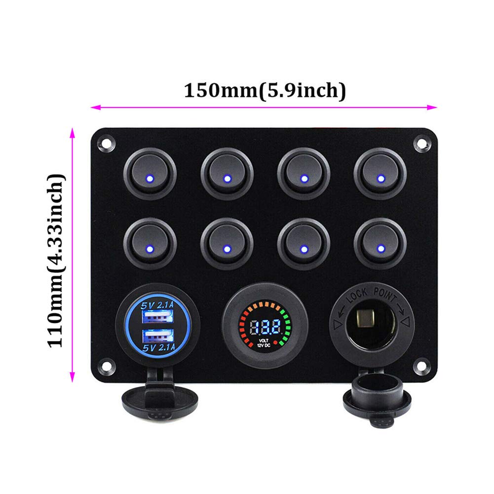KAOLALI 12V/24V Schalter Panel, Dual-USB-Ladegerät LED Voltmeter Zigarettenanzünder 8 Kippschalter E