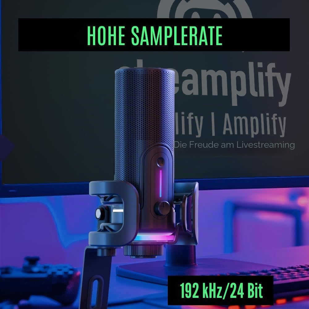 Streamplify MIC PRO RGB Mikrofon, Studioqualität, Fortschrittliche Geräuschunterdrückung, 192kHz/24b