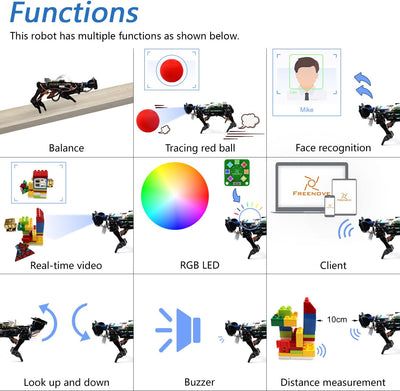 Freenove Robot Dog Kit for Raspberry Pi 4 B 3 B+ B A+, Walking, Self Balancing, Ball Tracing, Face R