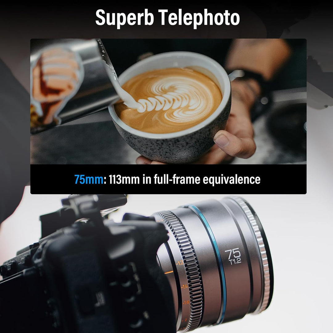 SIRUI Night Walker 75 mm T1.2 S35 Teleobjektiv Cine Objektiv, grosse Blende, manueller Fokusobjektiv