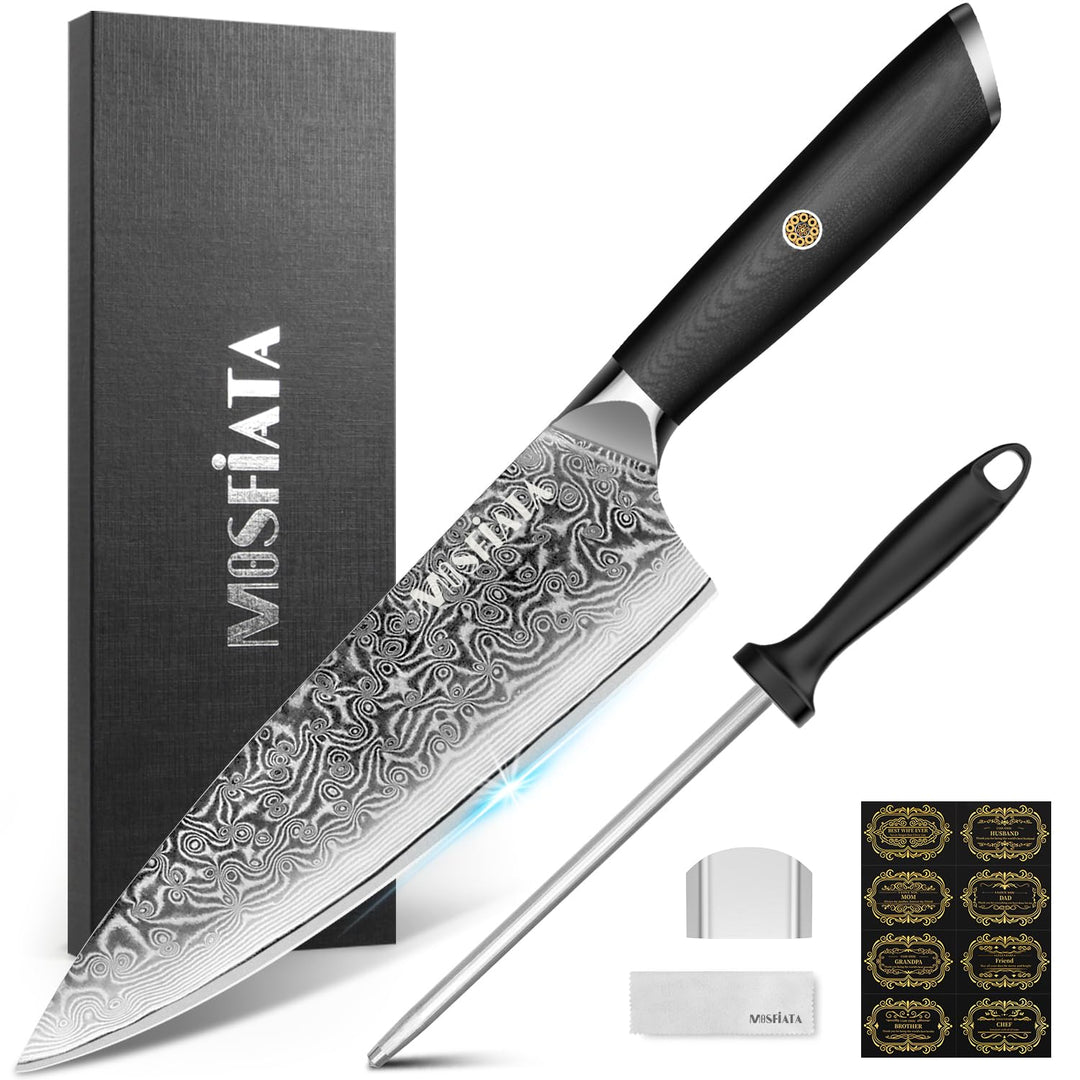 MOSFiATA Damastmesser 8 Zoll, Küchenmesser Damaststahl Kochmesser Damast Scharf Chef Knife Profi Fle