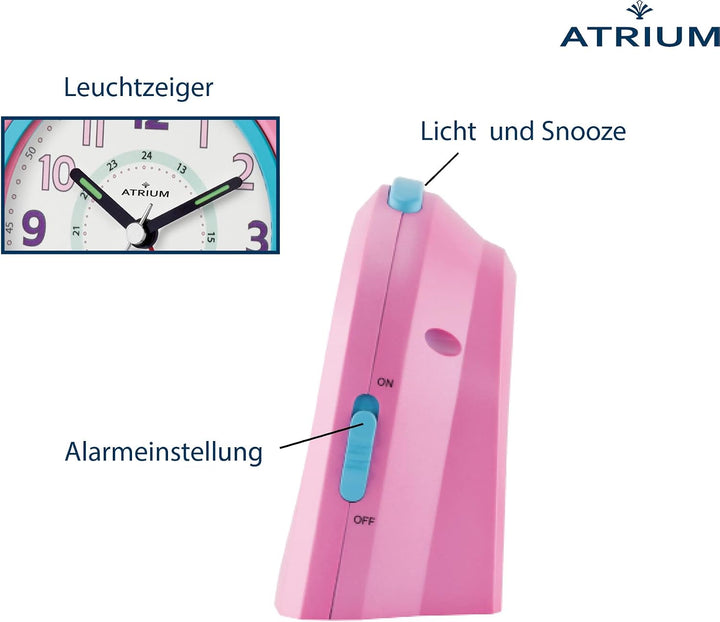 Atrium Kinderwecker Jugendwecker Analog Quarz mit Licht, Snooze &amp; schleichende Sekunde - leise ohne