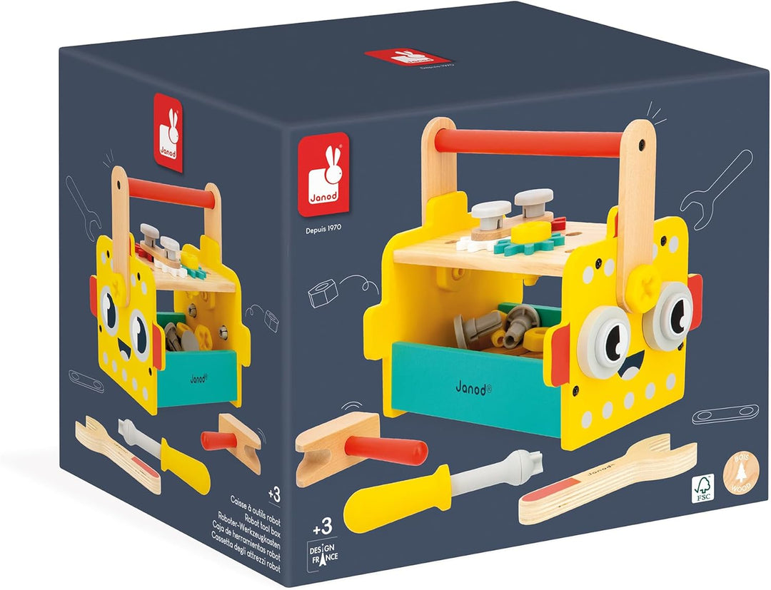 Janod - Mein erstes Konstruktionsspiel - Roboter-Werkzeugkasten - 30 Zubehörteile - Rollenspiel - Fö