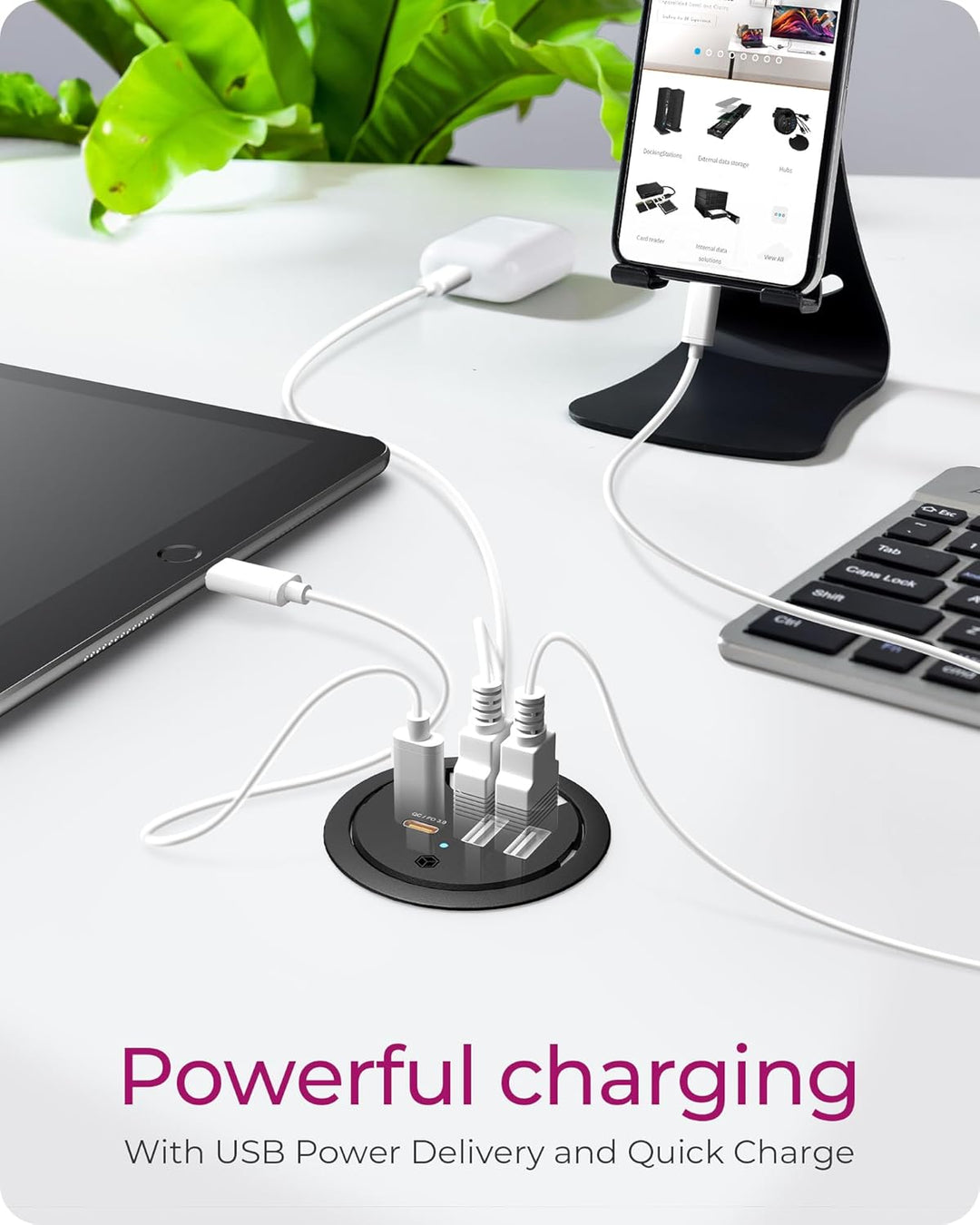 ICY Box 3-Port Tischladegerät, 2X USB-A & 1x USB-C, Für 60mm Bohrungen, Gerät dient nur zum Laden, S