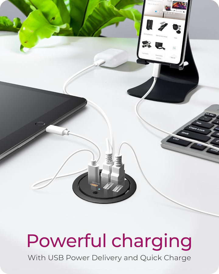 ICY Box 3-Port Tischladegerät, 2X USB-A & 1x USB-C, Für 60mm Bohrungen, Gerät dient nur zum Laden, S