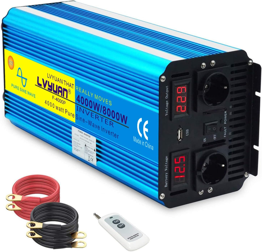 Spannungswandler 4000W 12V 230V Reiner Sinus Wechselrichter Fernbedienung 2 LED Power Inverter 2 Ste