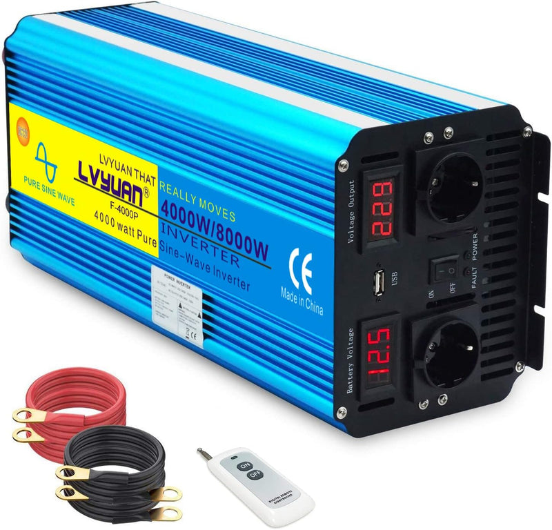 Spannungswandler 4000W 12V 230V Reiner Sinus Wechselrichter Fernbedienung 2 LED Power Inverter 2 Ste
