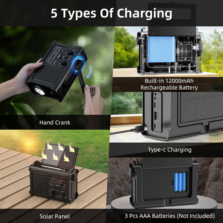 12000mAh Solar Kurbelradio, Tragbar Weltempfänger Radio, Notfallradio mit AM/FM Empfang & 8500mm² So
