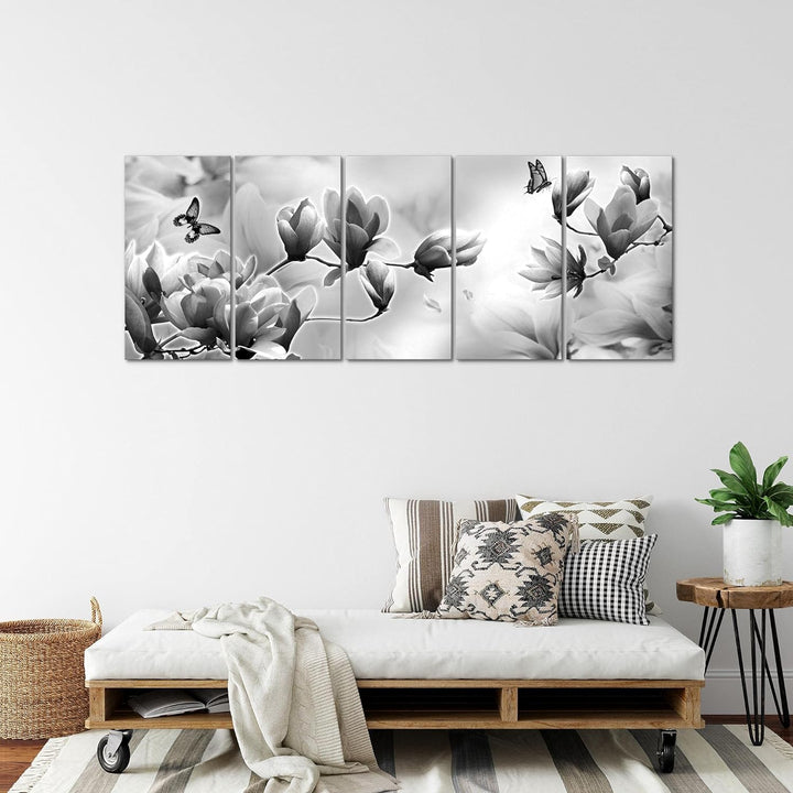 Runa Art Wandbild XXL Blumen Magnolien Wohnzimmer Schlafzimmer 200 x 80 cm Schwarz Weiss 5 Teilig -