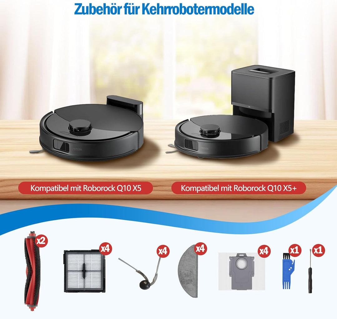20 Stück Zubehörset für Roborock Q10 X5+ /Q10 X5 Roboterstaubsauger Ersatzteile, 2 Hauptbürsten, 4 F
