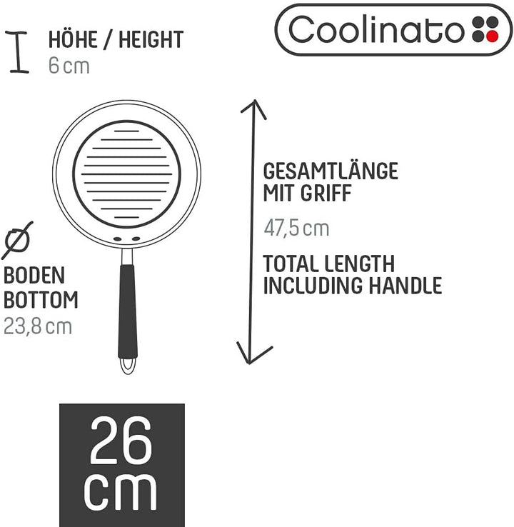 Coolinato Grillpfanne rund 26cm, Pfanne beschichtet für Induktion und andere Herde, Steakpfanne ofen