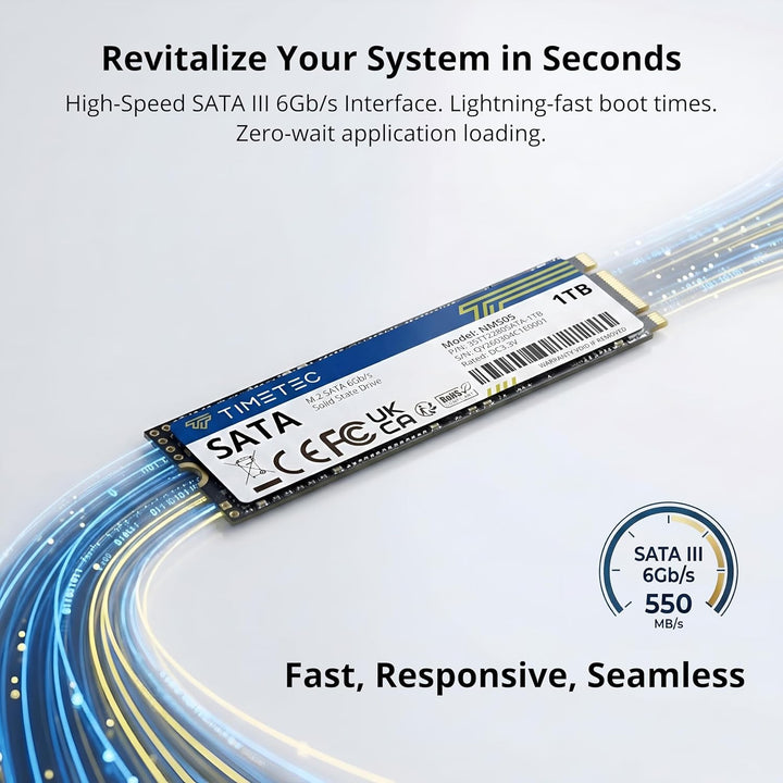 Timetec 1TB SSD 3D NAND TLC SATA III 6 Gb/s M.2 2280 NGFF 512 TBW Lesegeschwindigkeit Bis zu 530 MB/