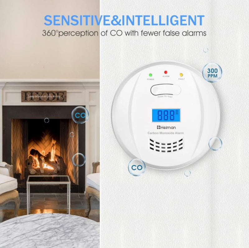 HEIMAN CO Melder Alarm Kohlenmonoxidmelder mit digitaler LCD-Anzeige EN50291, 10 Jahren Sensorlaufze