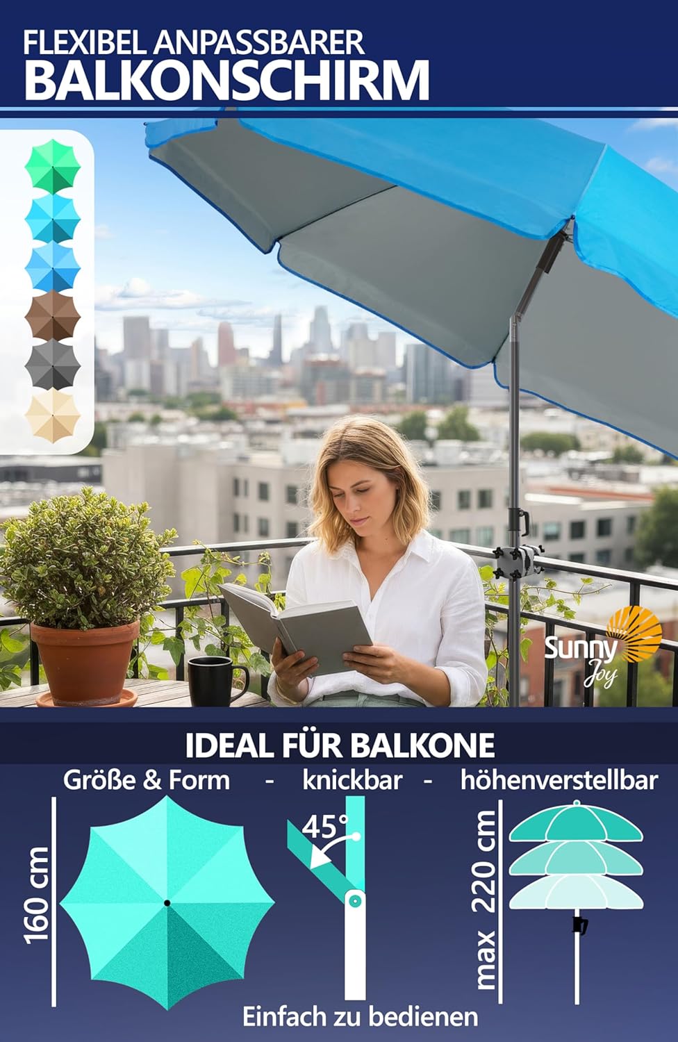 4smile Sonnenschirm Balkon SunnyJoy, 3-in-1 SET, Blau - UPF 50+ Sonnenschirm Ø 160 cm + SunnyGuy Son
