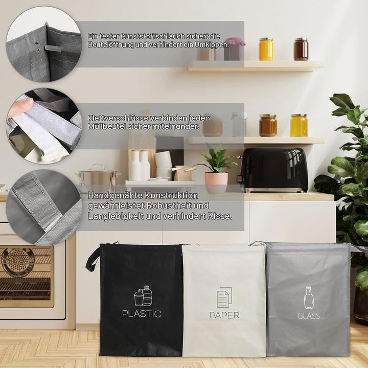 Mülltrennsystem 3fach für Papier Glas Plastik Recycling System Taschen Mülleimer mit Stabilisatoren