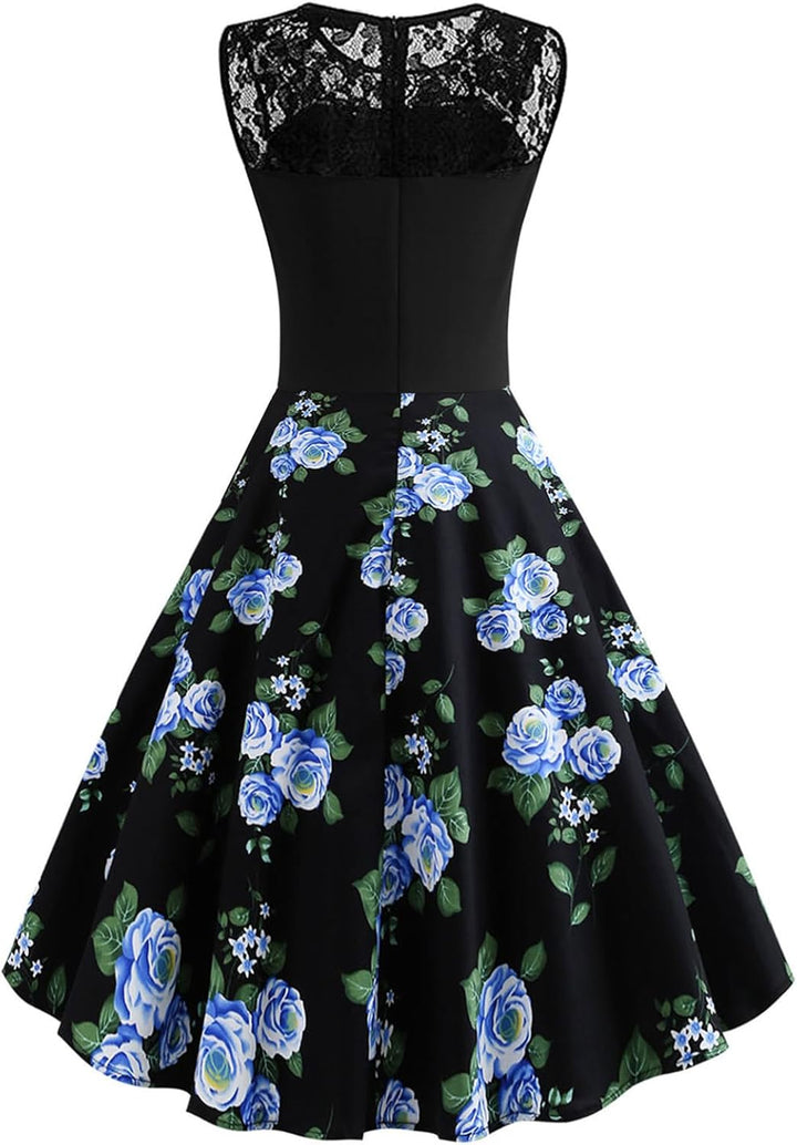 AXOE Damen 50er Jahre Rockabilly Kleid mit Blumenmuster Ärmellos M Farbe12, M Farbe12