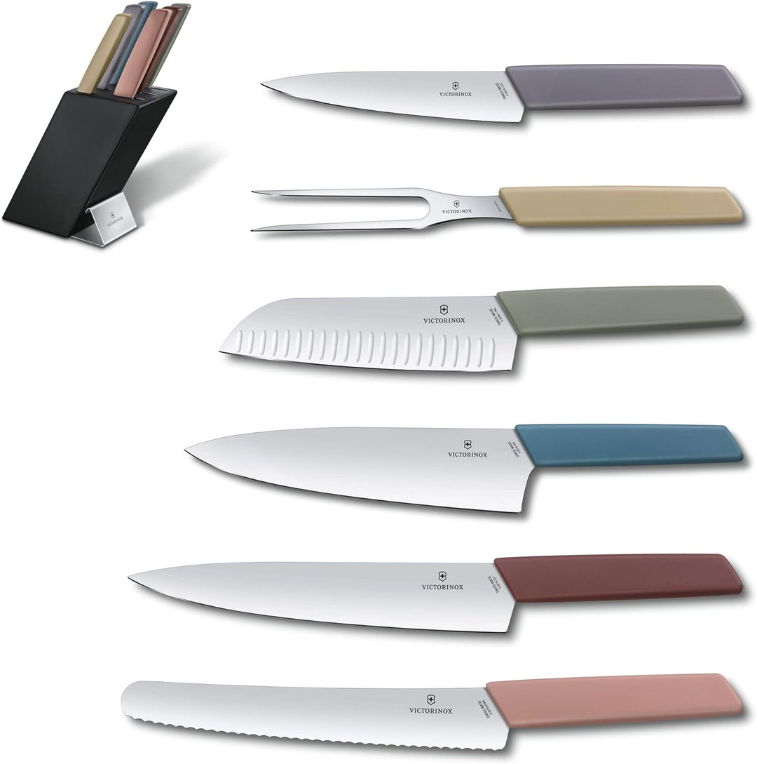 Swiss Modern Messerblock, 6-teilig, farbig, Buchenholz schwarz &amp; 6 Stück Tafelmesser - Tomatenmesser