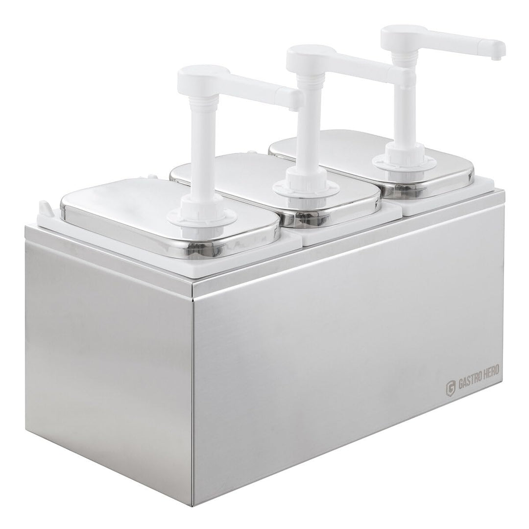 GastroHero Saucenspender 3x 2 Liter – Edelstahl Dosierpumpe & PP-Behälter für Ketchup, Mayonnaise, D