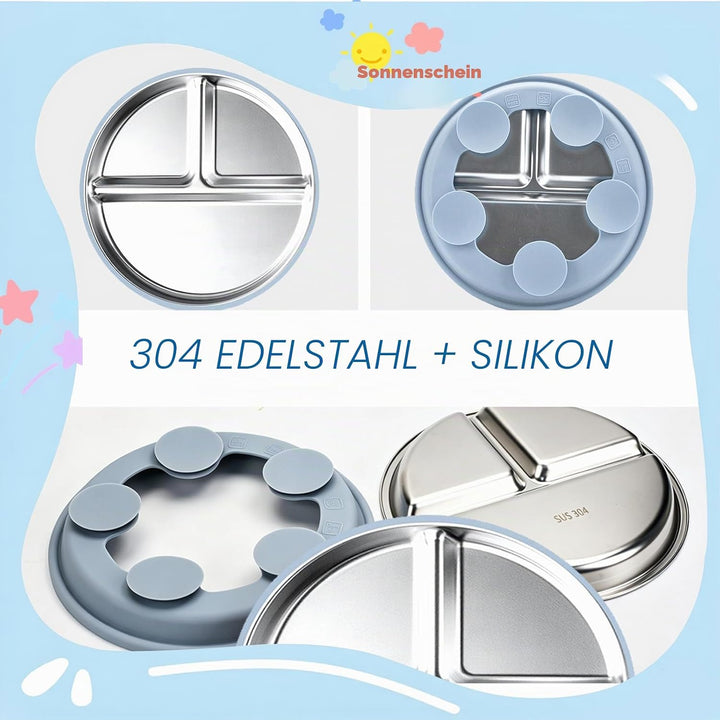 Edelstahl Baby Saugteller Set, Edelstahl Babytelle mit 1 x Gabel und 1 x Löffel, Baby Geschirrmit Ab