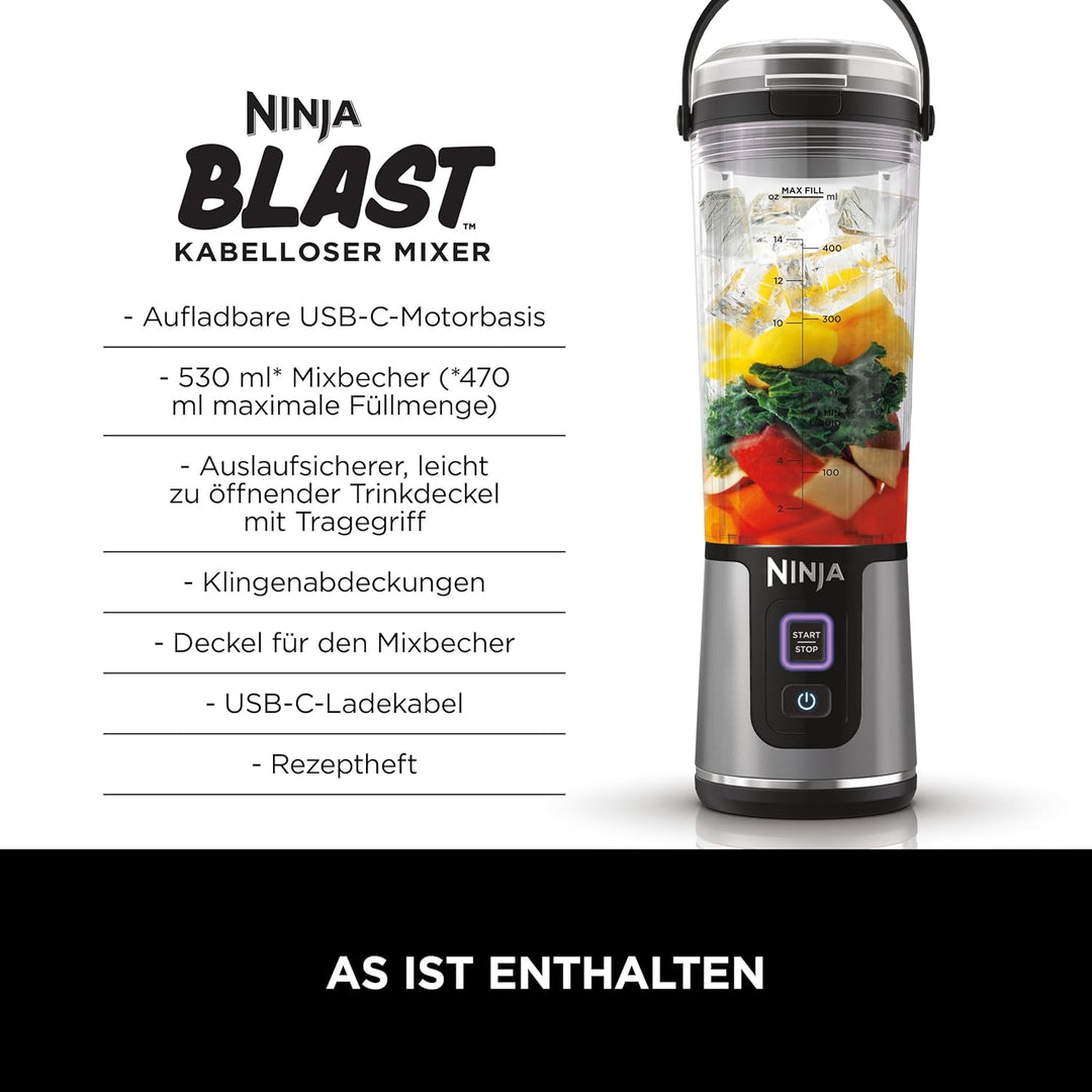 Ninja Blast Kabelloser Mixer, tragbar, USB-C wiederaufladbar, 530 ml, mit auslaufsicherem Trinkdecke
