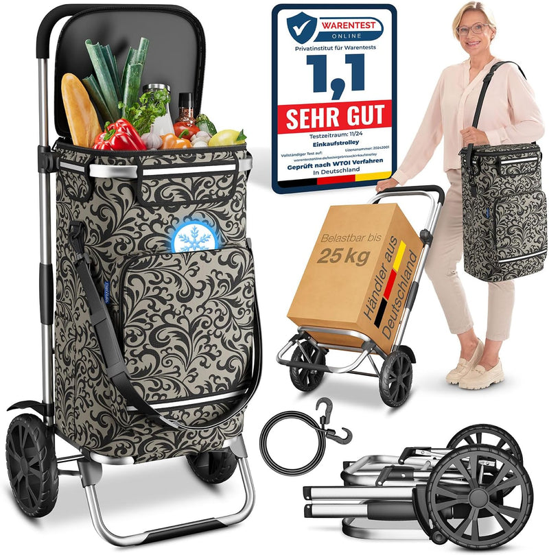 maxVitalis Einkaufstrolley klappbar, Einkaufswagen mit Kühlfach, 3in1 Trolley, Sackkarre & Umhängeta