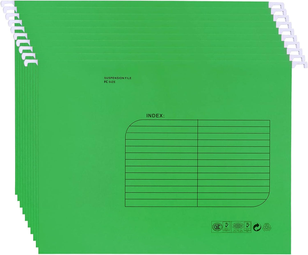 Foolscap Hängemappen mit Lasche und Karteneinsätzen (25 Stück, grün) Verstärkte Hängeordner FC-Gröss