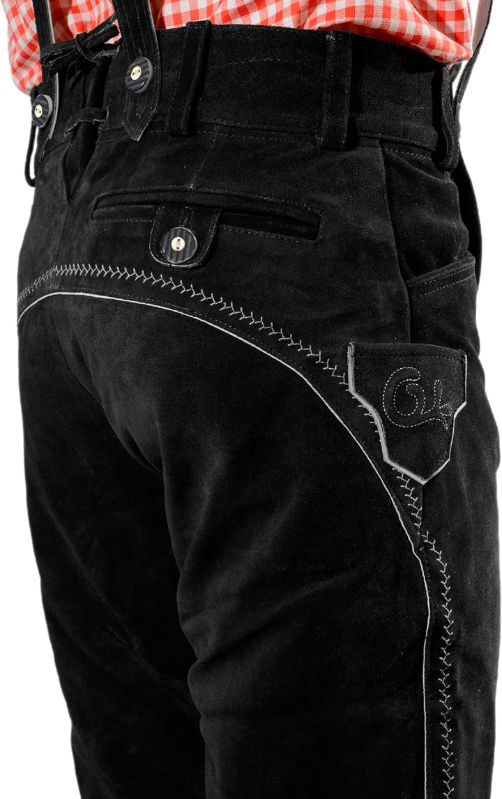 Bayerische Premium Herren Trachten Lederhose, Trachtenlederhose mit Trägern, original in Dunkelbraun