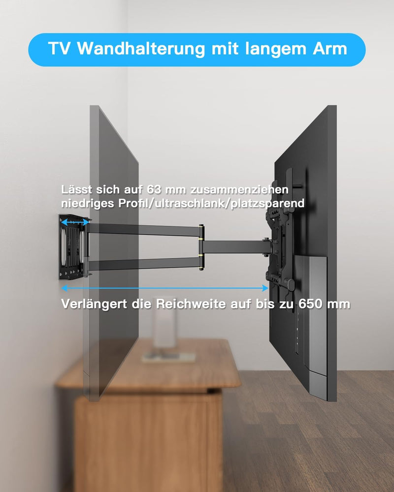 TV Wandhalterung mit 650mm Langem Arm WHYFONE Fernsehhalterung Wand Schwenkbar Halterung Volle Beweg