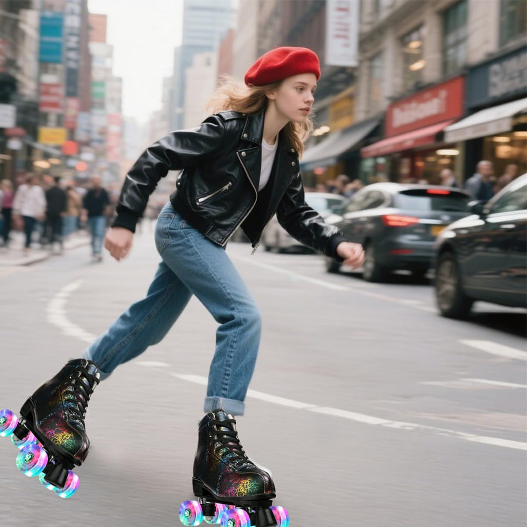 Unisex Roller Skates Double Raw Four Wheels Classic High-top PU Leather Lighting Roller Skates Shoes