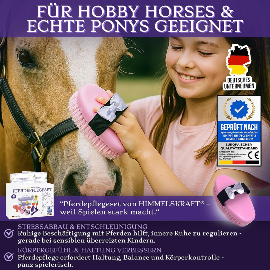 Hobby Horse Zubehör – Echtes Pferdepflegeset &amp; Putztasche für Kinder – Mit Bürsten, Hufkratzer, Schl
