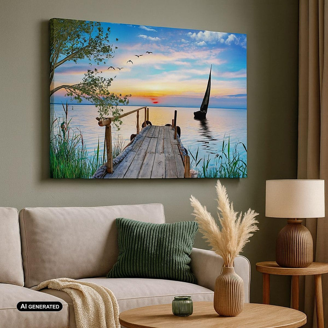 ARTTOR Bilder auf Leinwand 100x70cm Leinwandbild mit Rahmen Brücke See Gross Wanddeko Bild Schlafzim
