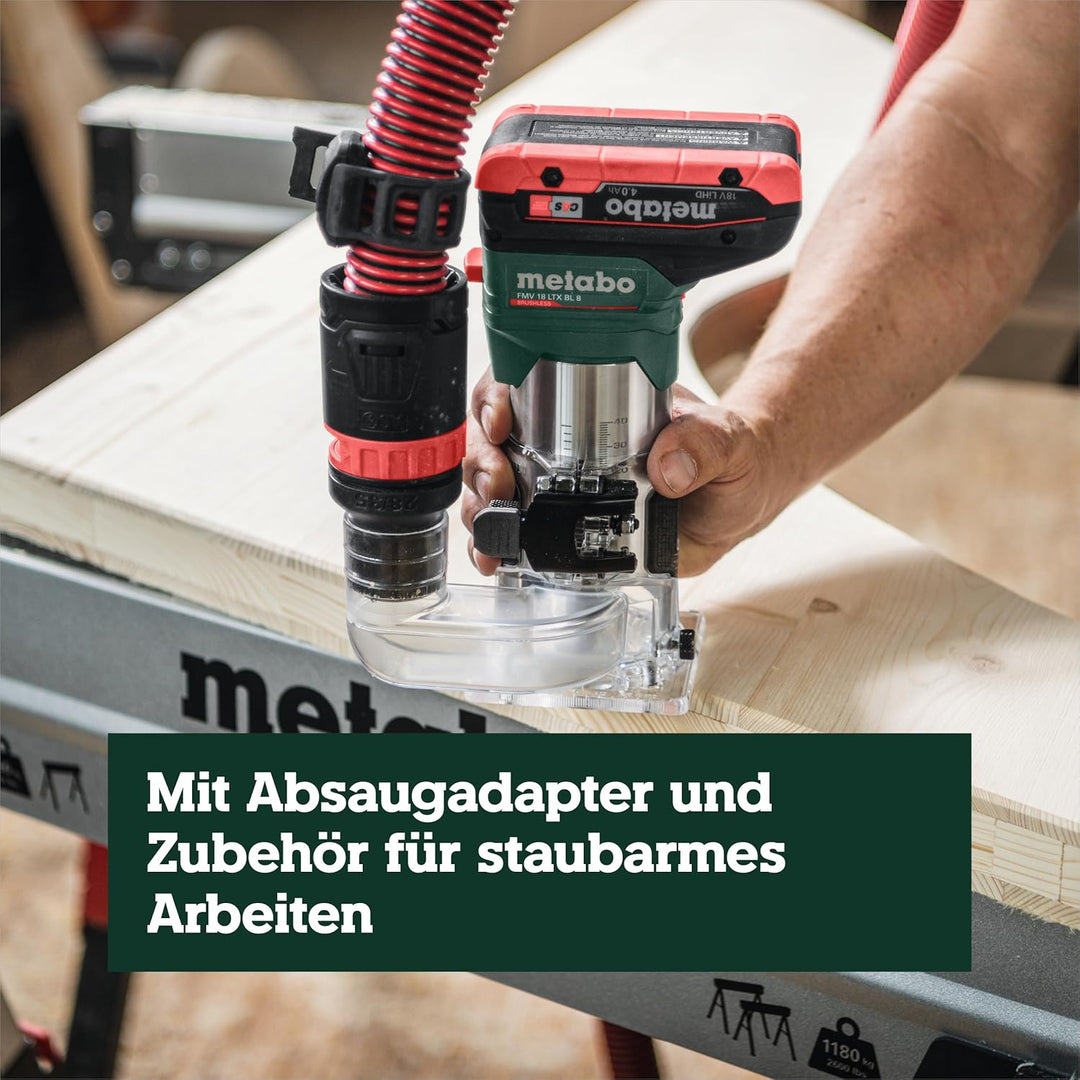 metabo Akku-Kantenfräse FMV 18 LTX BL 8-18V, Brushless-Motor, 4800-29000 U/min, 6/8 mm Spannzange, m