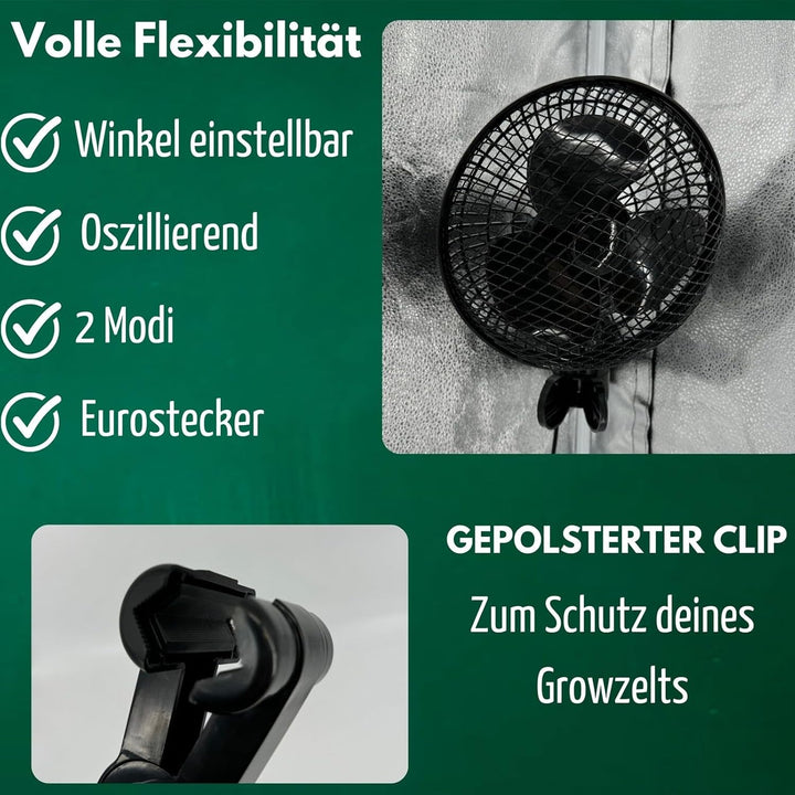 Grow Ventilator Oszillierend, 20 W Clip Ventilator Klemmbar, Ideal für Grow Zelt (2 Stück), 2 Stück
