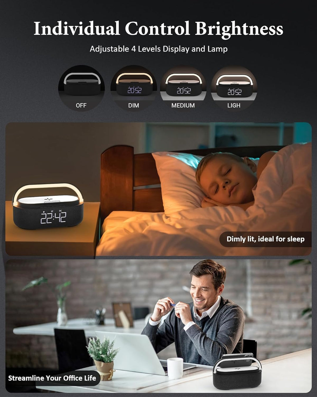 COLSUR Radiowecker Digital mit Wireless Charger, Bluetooth Lautsprecher mit USB-Ladegerät, Smart Wec