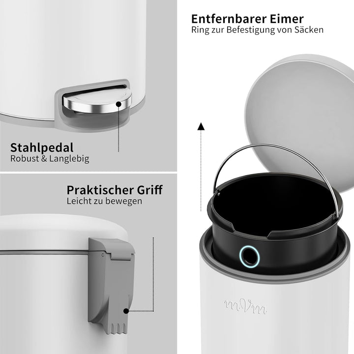 mVm Mülleimer Bad 5L, Mülleimer mit Deckel, Weiss Weiss 5L, Weiss 5L