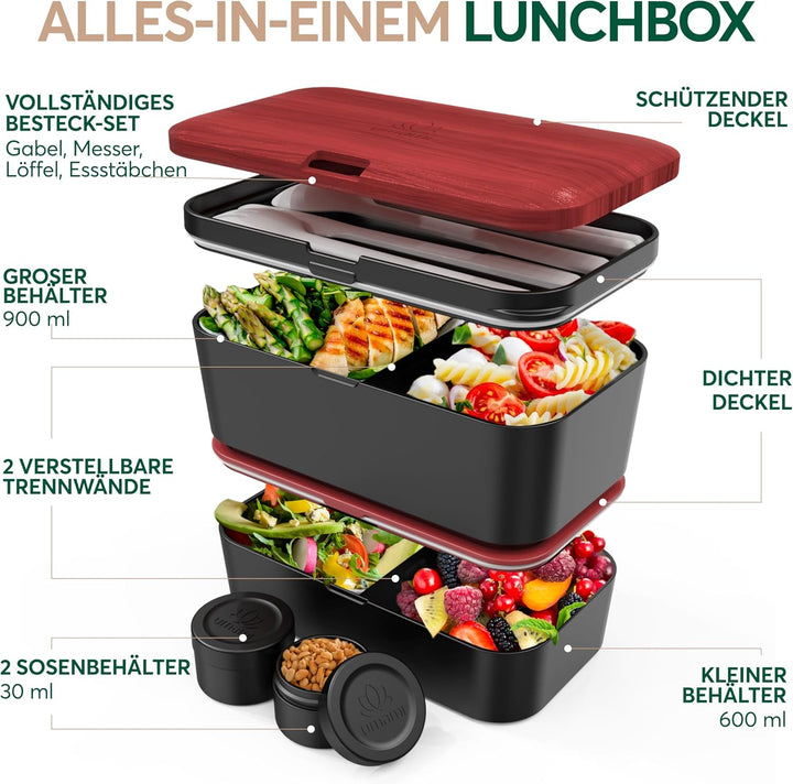 Umami Premium Lunchbox Erwachsene, Verschachtelbar Auslaufsichere Bento Box mit 4 Bestecke & Fächern