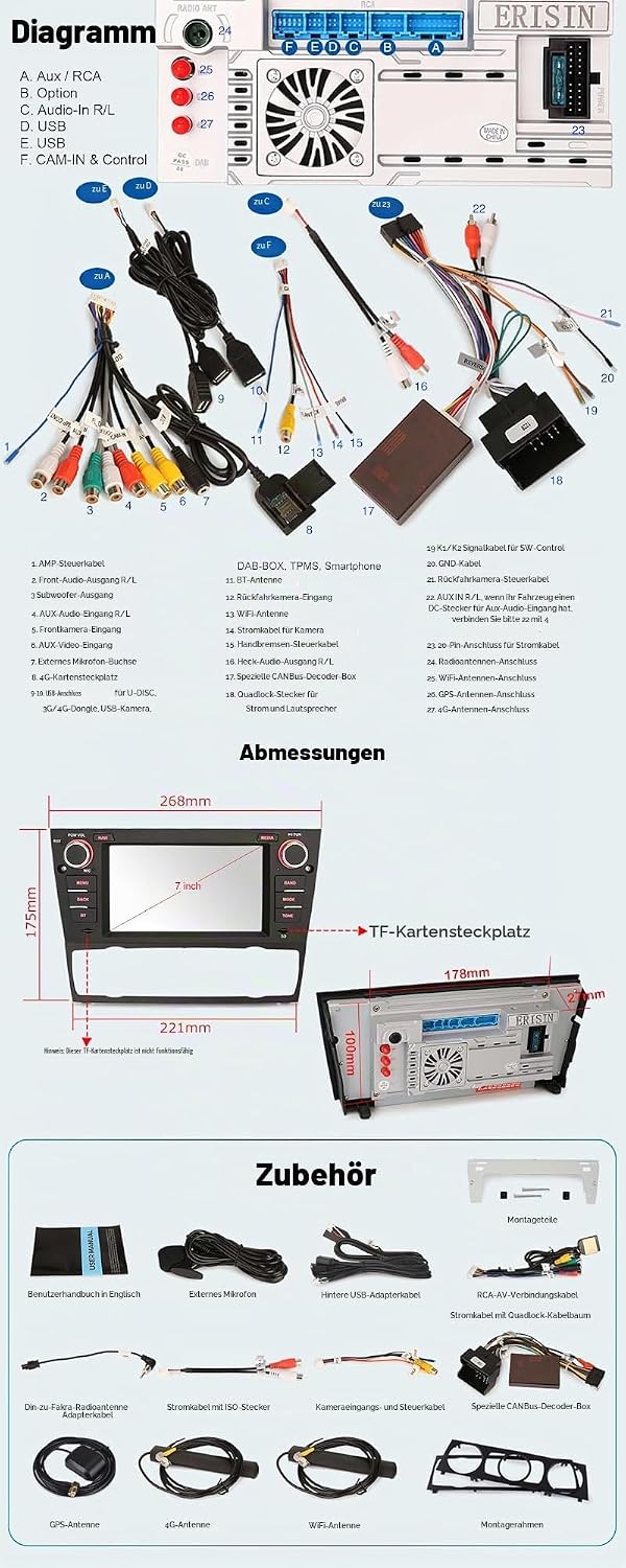 Erisin 8 Kern Android 14 DAB+ Autoradio 4GB+64GB Bluetooth Für BMW 3er E90 E91 E92 E93 M3 mit GPS Na