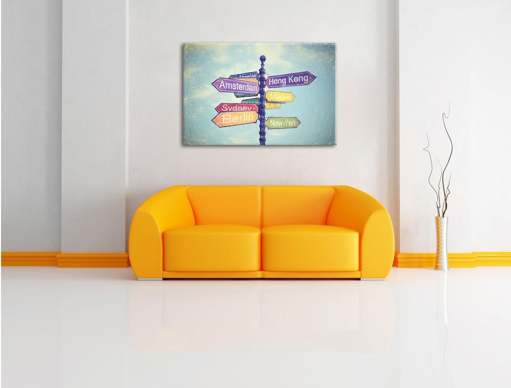 Pixxprint Städte Wegweiser Kunst Buntstift Effekt, Format: 100x70 auf Leinwand, 100x70
