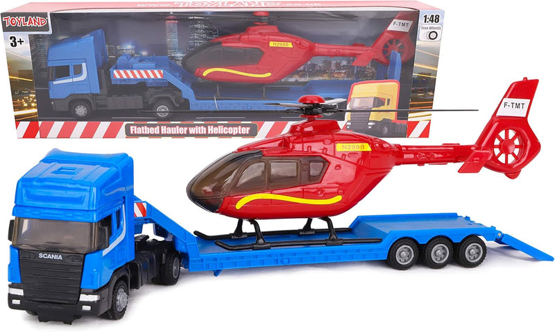 Toyland® Scania Pritschenschlepper mit Hubschrauber - Massstab 1:48 - Freilauf - Transportspielzeugs