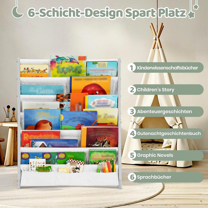 COSYLAND Bücherregal Kinder mit 6 Oxford-Stoff Fächern - Kinderbücherregal aus Naturholz - Bücherreg