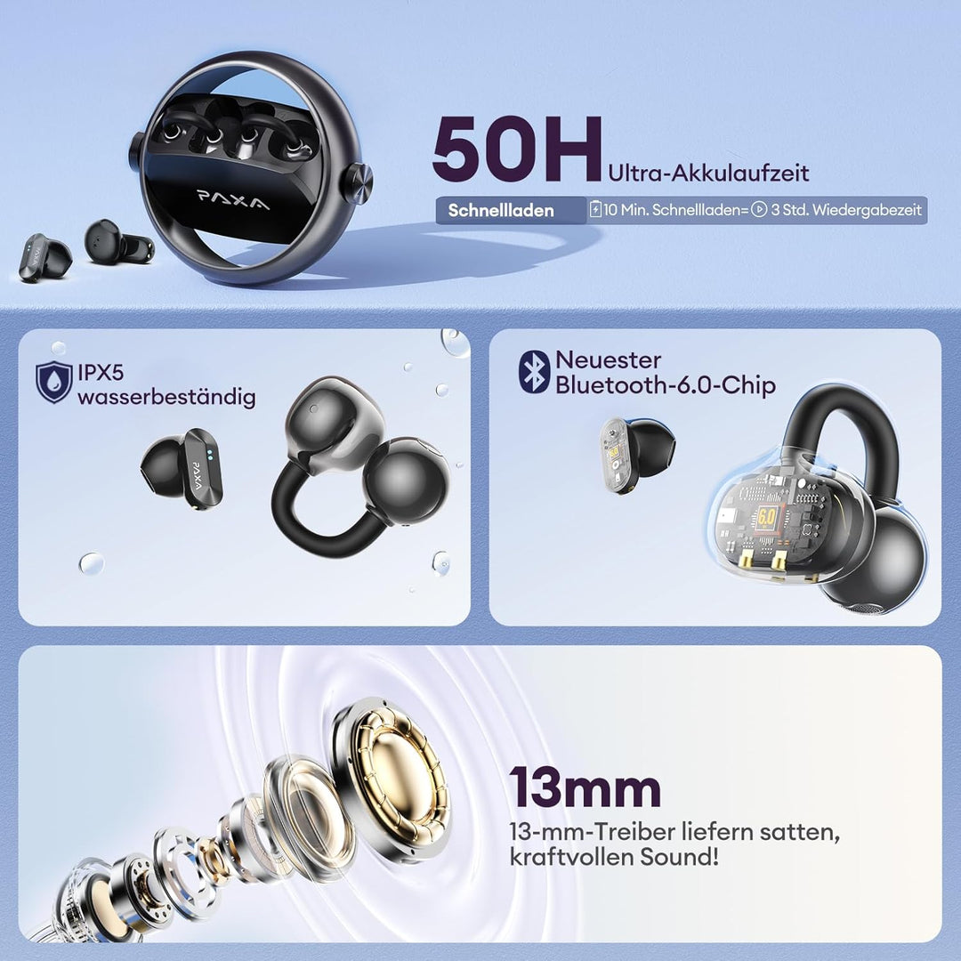 PAXA 2-in-1 Open-Ear Clip-On Bluetooth Kopfhörer mit StillVoice App, Kabellose Ohrhörer Bluetooth 6.