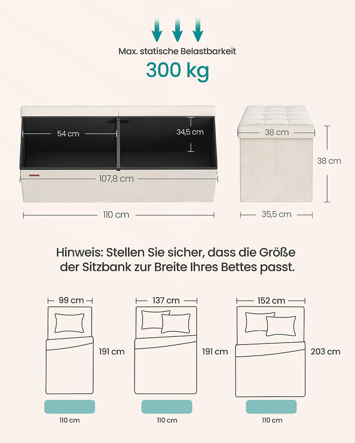 SONGMICS Sitzbank mit Stauraum, klappbare Sitztruhe, 38 x 110 x 38 cm | Aufbewahrungsbox, Deckel kla
