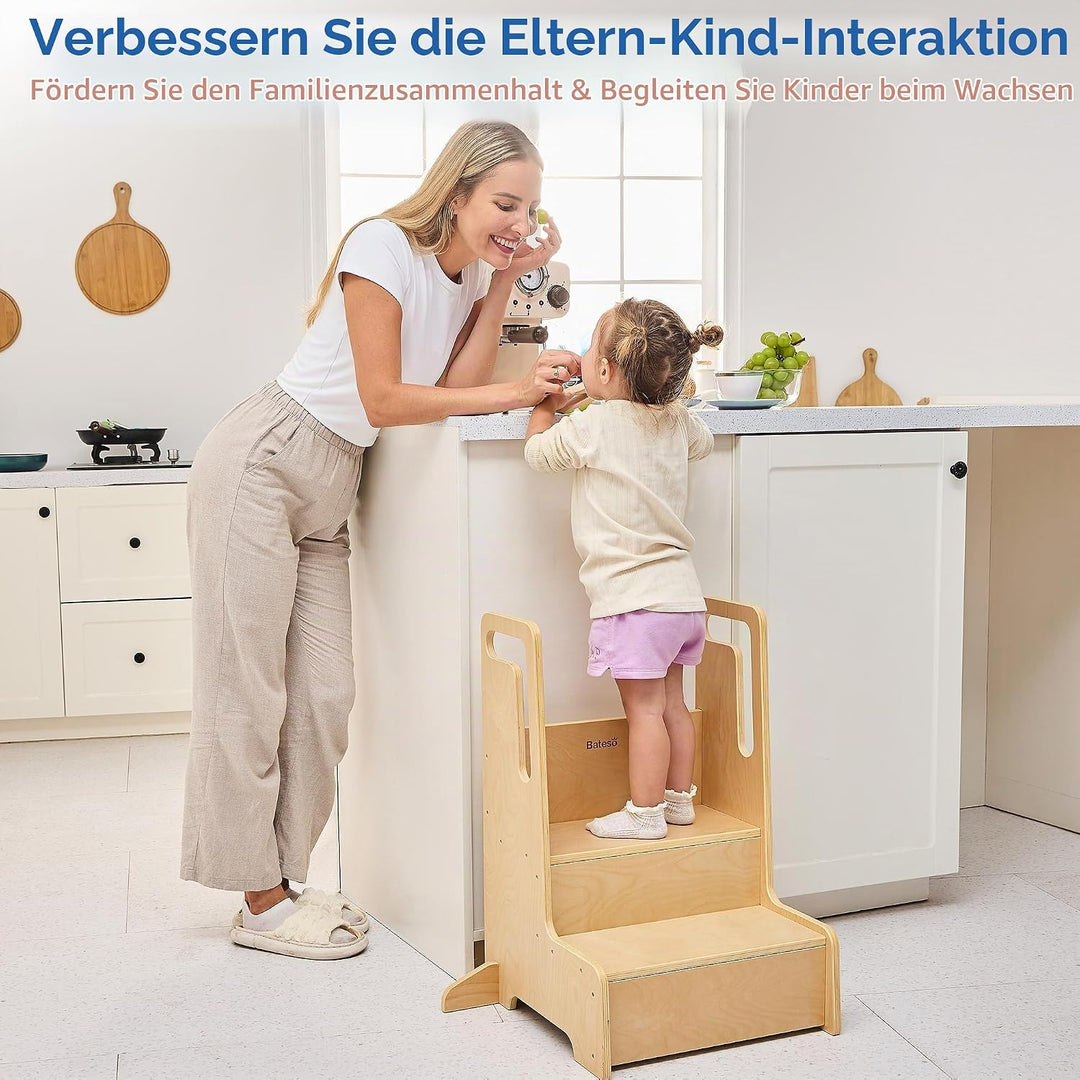 Bateso Tritthocker für Kinder, grosser Tritthocker aus Holz für Kleinkinder mit Griffen und rutschfe