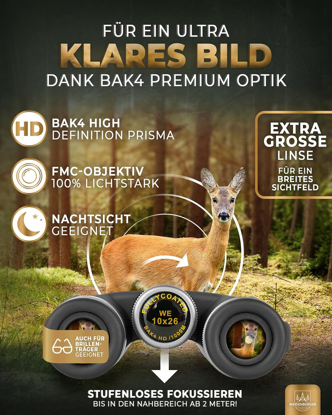 Weidenberger Fernglas 10x26, [TESTSIEGER] Magnesium Fernglas mit Nitrogenfüllung und wasserdicht, Fe