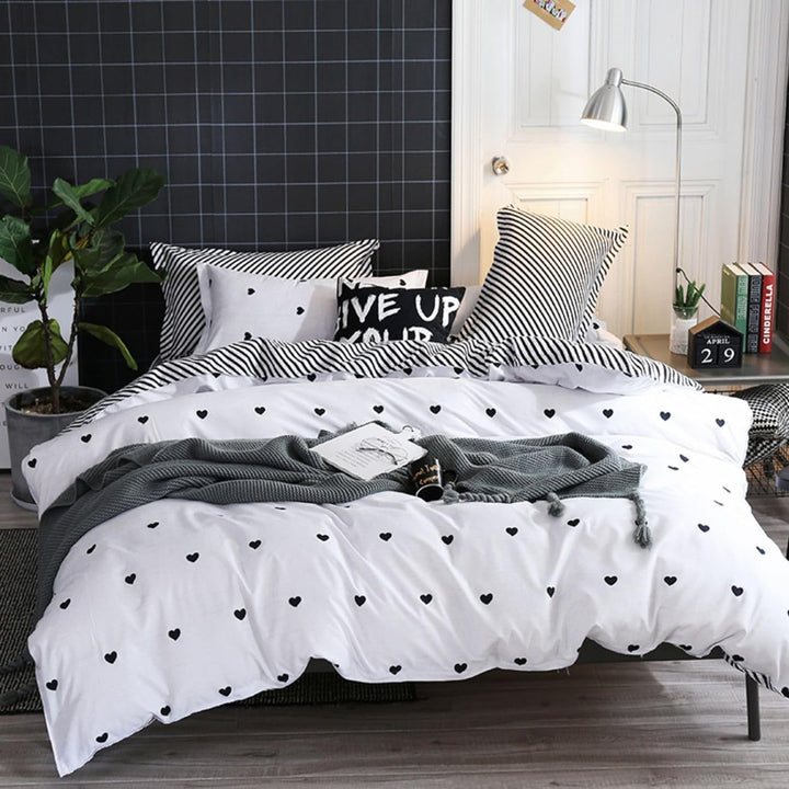 Freyamy Bettwäsche 200x200cm 3teilig Weiss Schwarz Herz Bettwaren-Sets Gebürstet Microfaser Weiche W