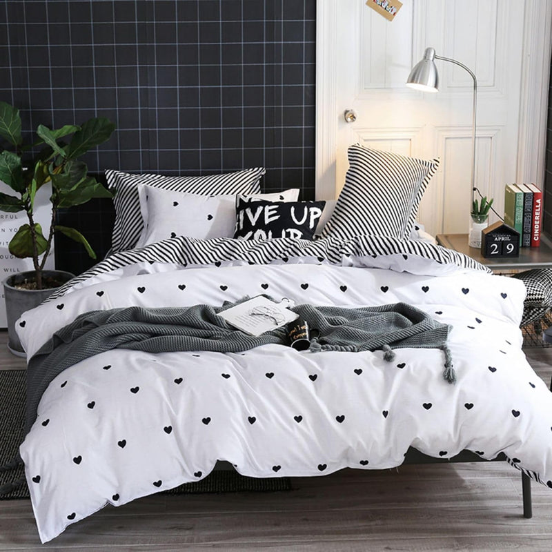 Freyamy Bettwäsche 220x240cm 3teilig Weiss Schwarz Herz Bettwaren-Sets Gebürstet Microfaser Weiche W